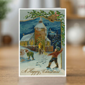 Greetings card reproducing a 1911 Christmas snowball and church scene design - new reproduction