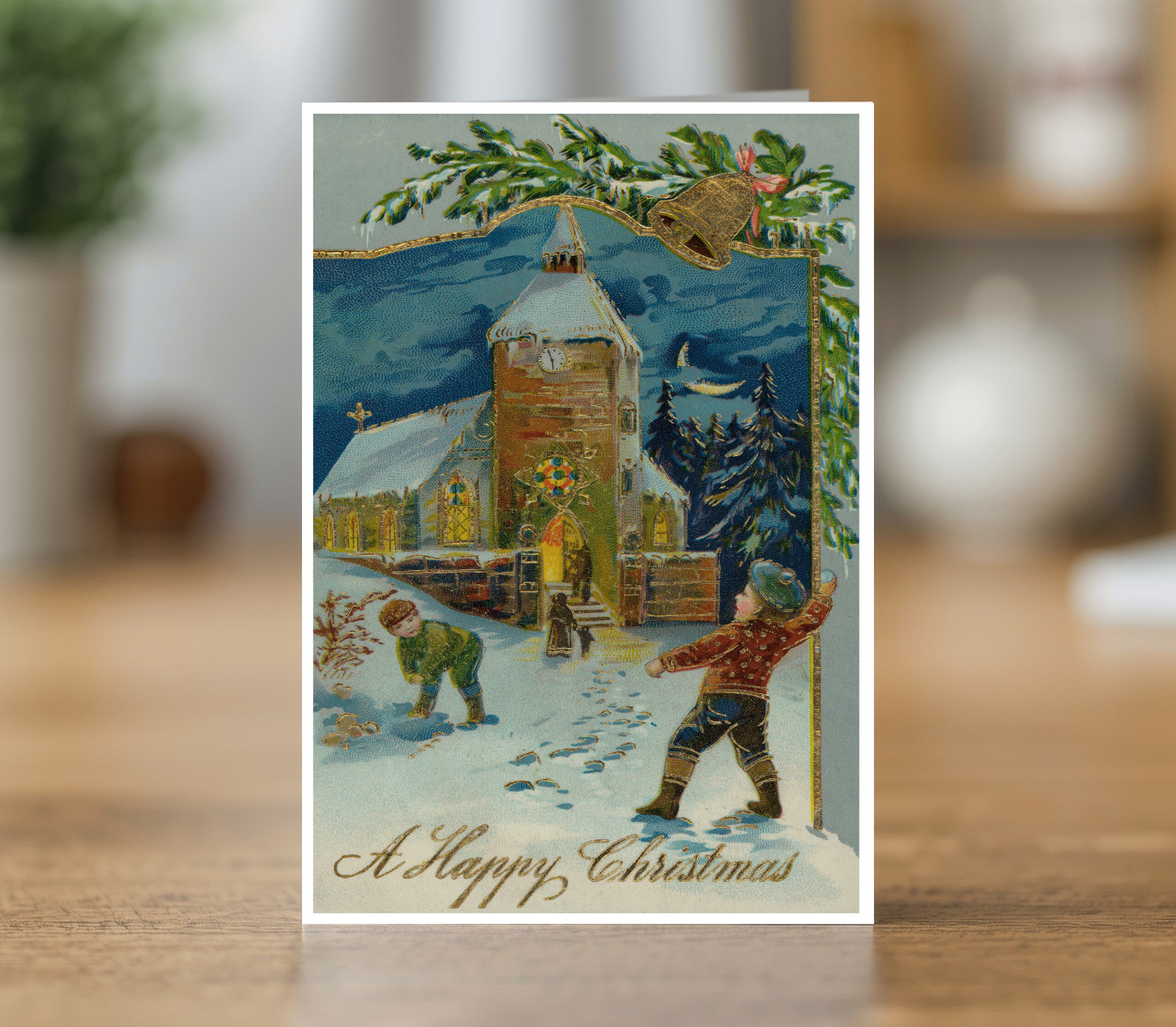 Greetings card reproducing a 1911 Christmas snowball and church scene design - new reproduction