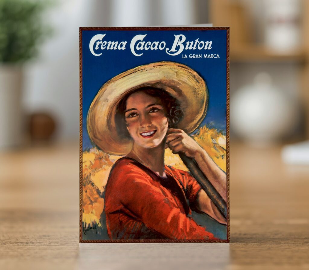 Greetings card reproducing Alberto Bianchi’s 1940s Crema Cacao Buton poster - new reproduction