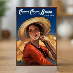 Greetings card reproducing Alberto Bianchi’s 1940s Crema Cacao Buton poster - new reproduction