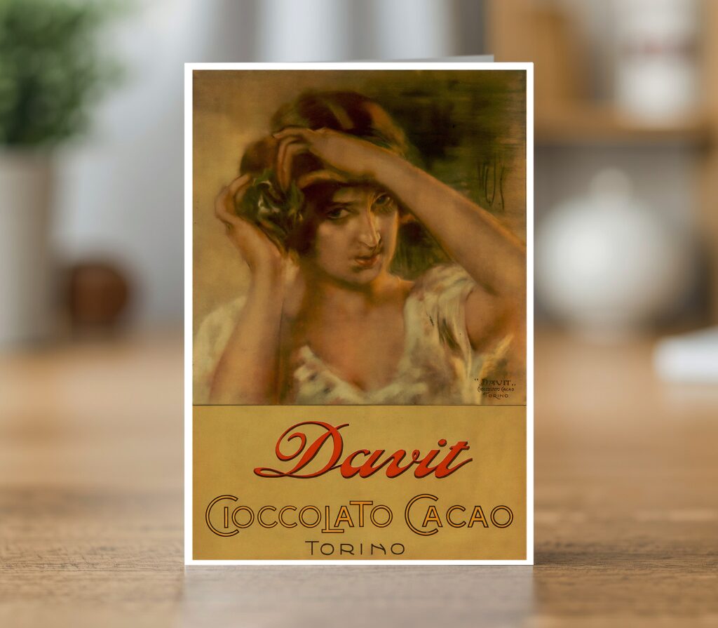 Greetings card reproducing the Davit Cioccolato Cacao Torino 1930s poster - new reproduction