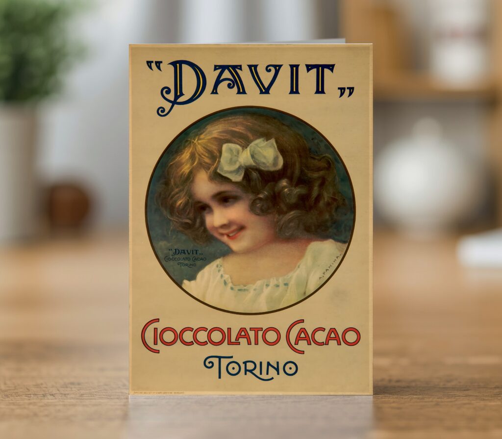 Greetings card reproducing the Davit Cioccolato Cacao Torino early 20th century poster - new reproduction