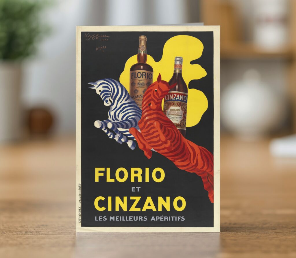 Florio et Cinzano greetings card reproducing Leonetto Cappiello's 1930 aperitif poster