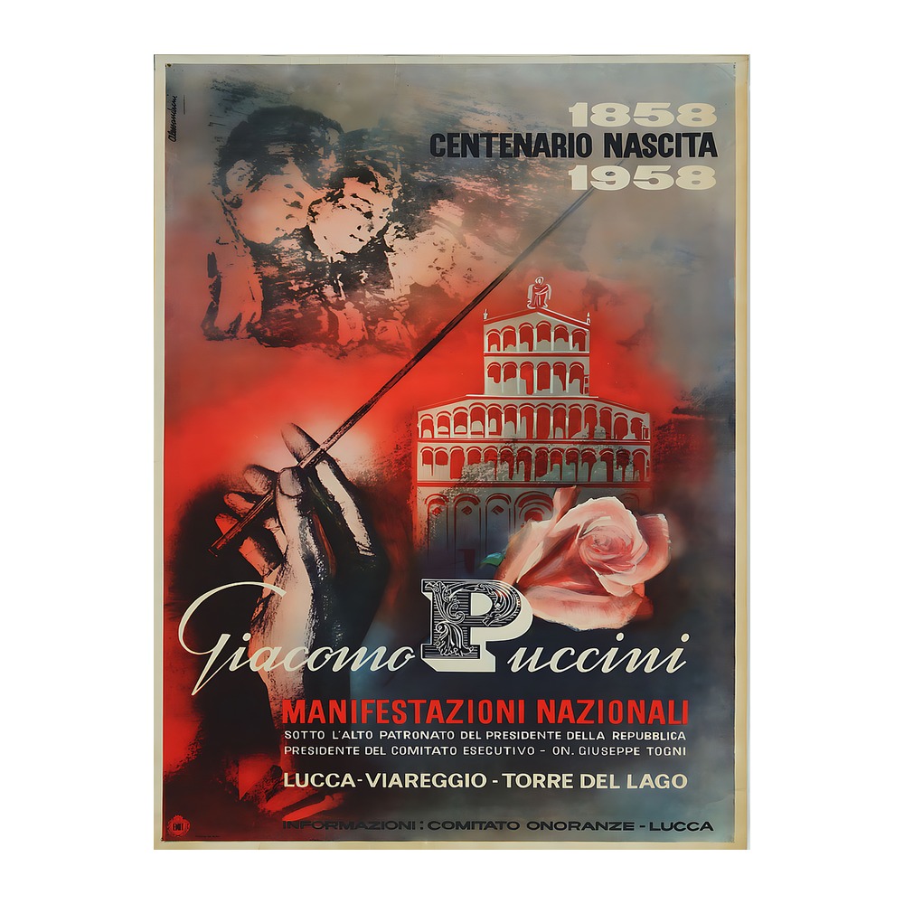 Giacomo Puccini Centenary poster by Gino Alessandrini (1958) - new reproduction fine art print mock