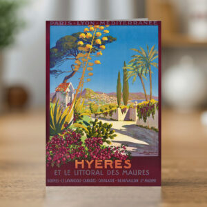 Greetings card reproducing Georges Dorival's 1914 Hyeres travel poster - new reproduction