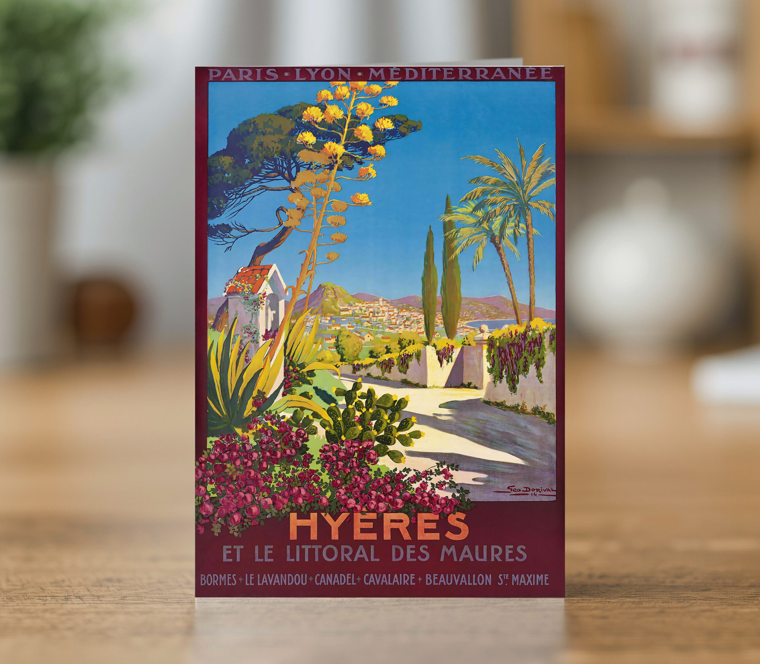 Greetings card reproducing Georges Dorival's 1914 Hyeres travel poster - new reproduction