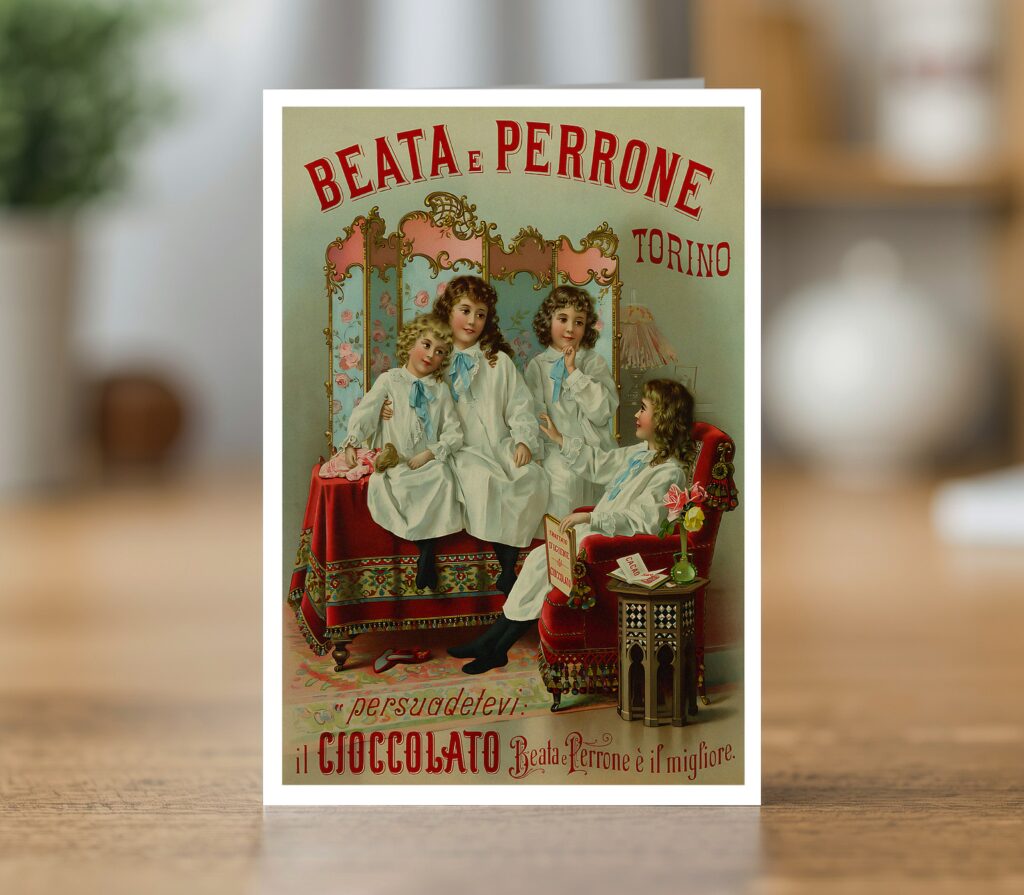 Il Cioccolato greetings card reproducing the Beata e Perrone Turin chocolate advertising design (c. 1900)