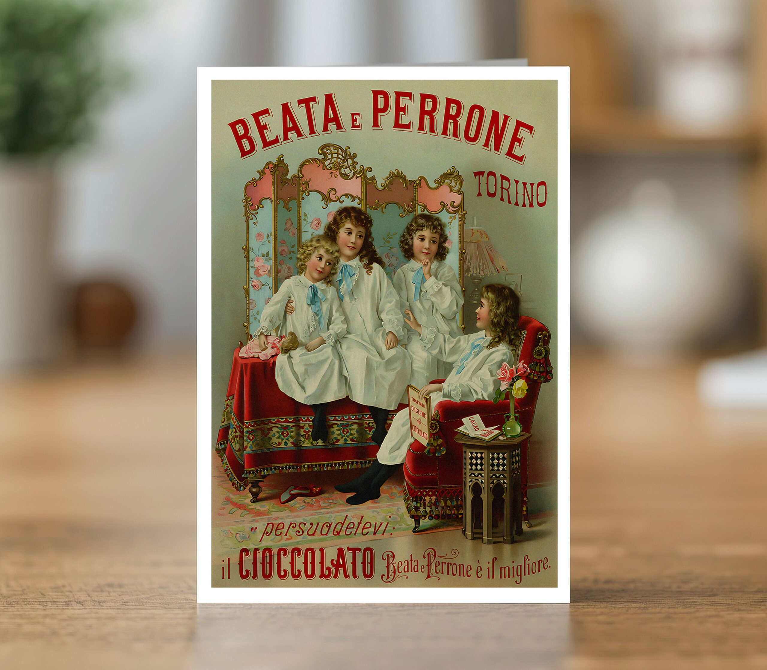 Il Cioccolato greetings card reproducing the Beata e Perrone Turin chocolate advertising design (c. 1900)