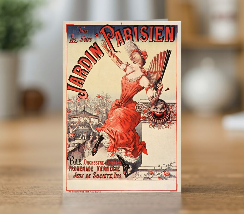 Greetings card reproducing the 1890 Jardin Parisien poster - new reproduction