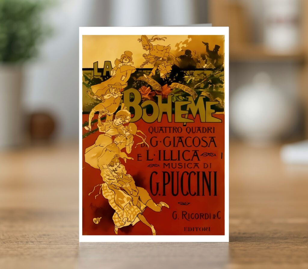 La Boheme greetings card reproducing Adolf Hohenstein's 1895 poster for Puccini's La Boheme