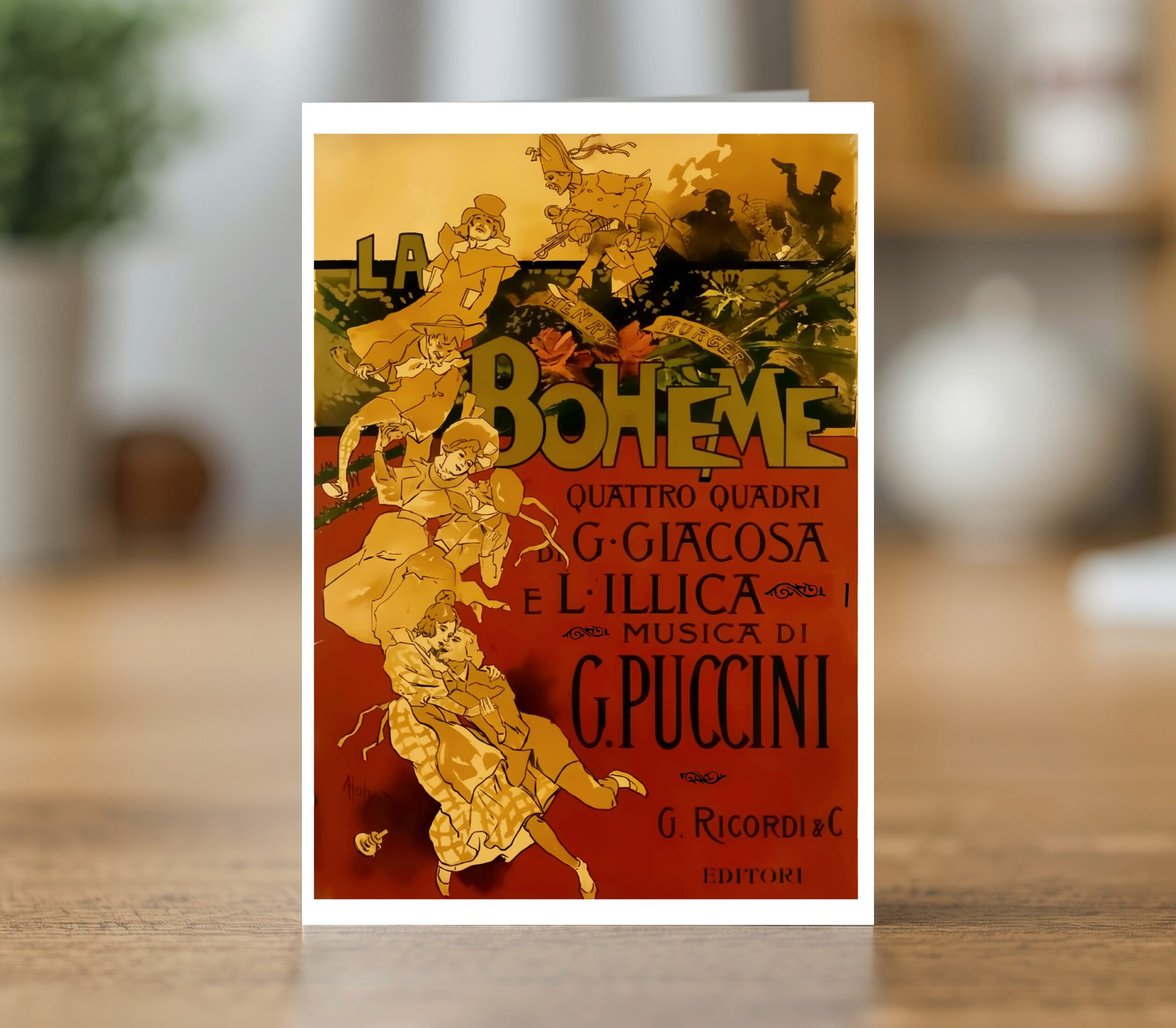 La Boheme greetings card reproducing Adolf Hohenstein's 1895 poster for Puccini's La Boheme