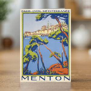Greetings card reproducing Roger Broders' 1922 Menton travel poster - new reproduction