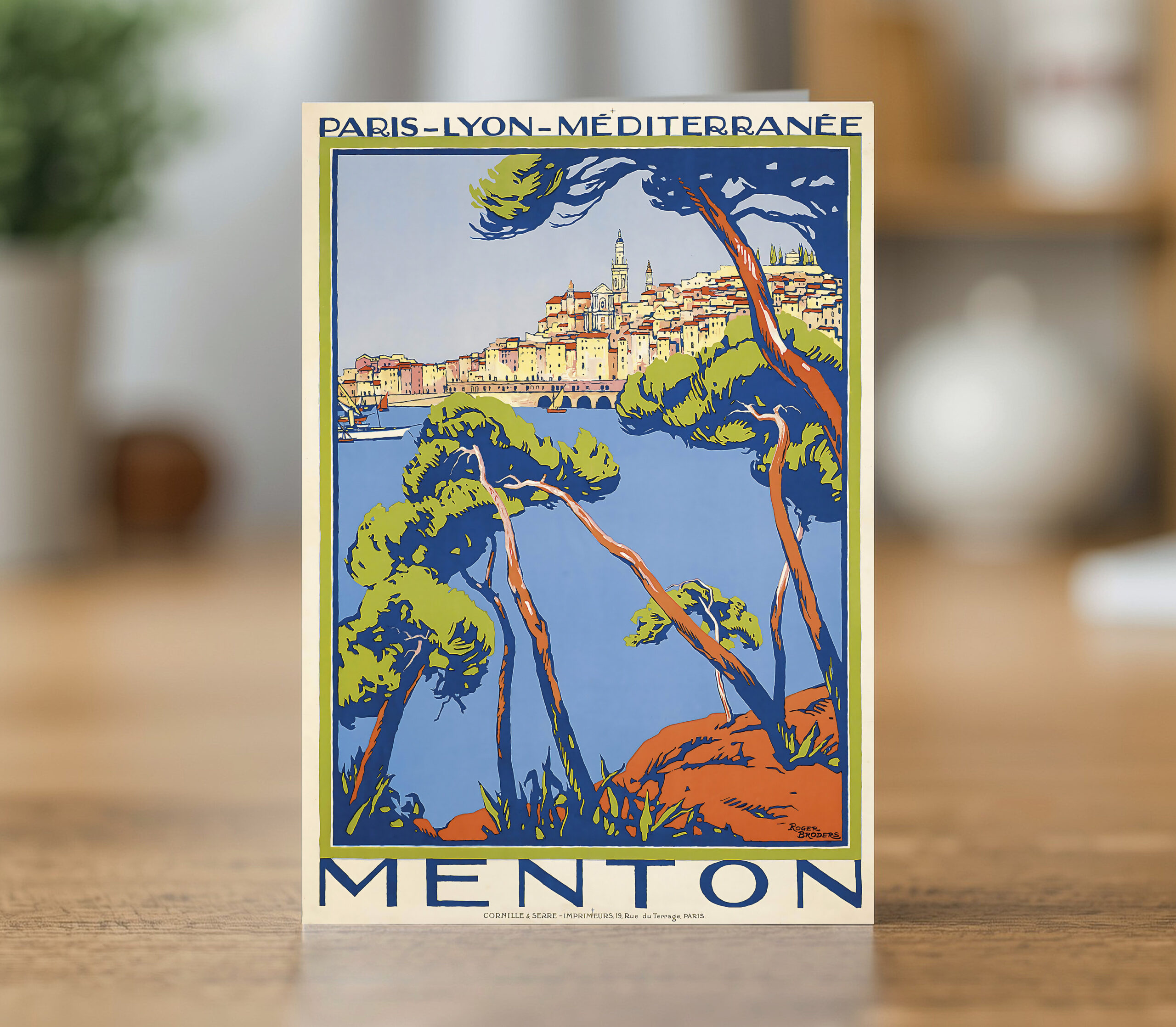 Greetings card reproducing Roger Broders' 1922 Menton travel poster - new reproduction