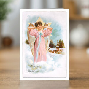 Greetings card reproducing a Merry Christmas angel and Christmas scene design - new reproduction