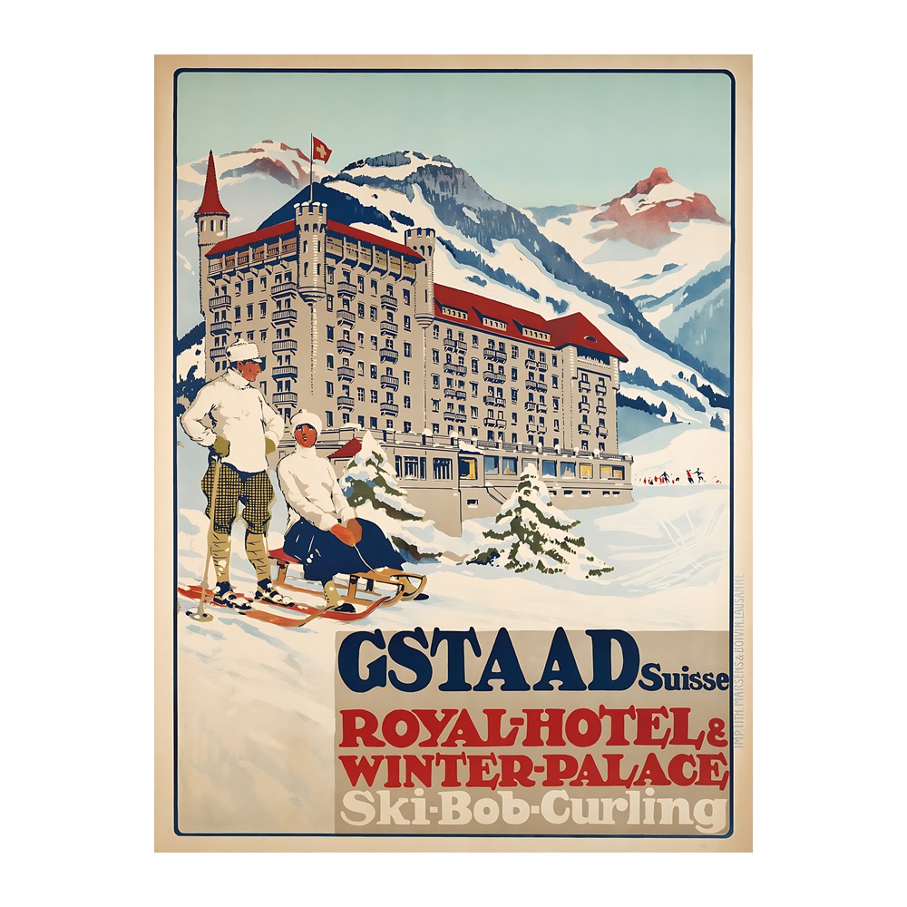 Gstaad Royal Hotel and Winter Palace poster by Carlo Pellegrini - new reproduction fine art print mock 2