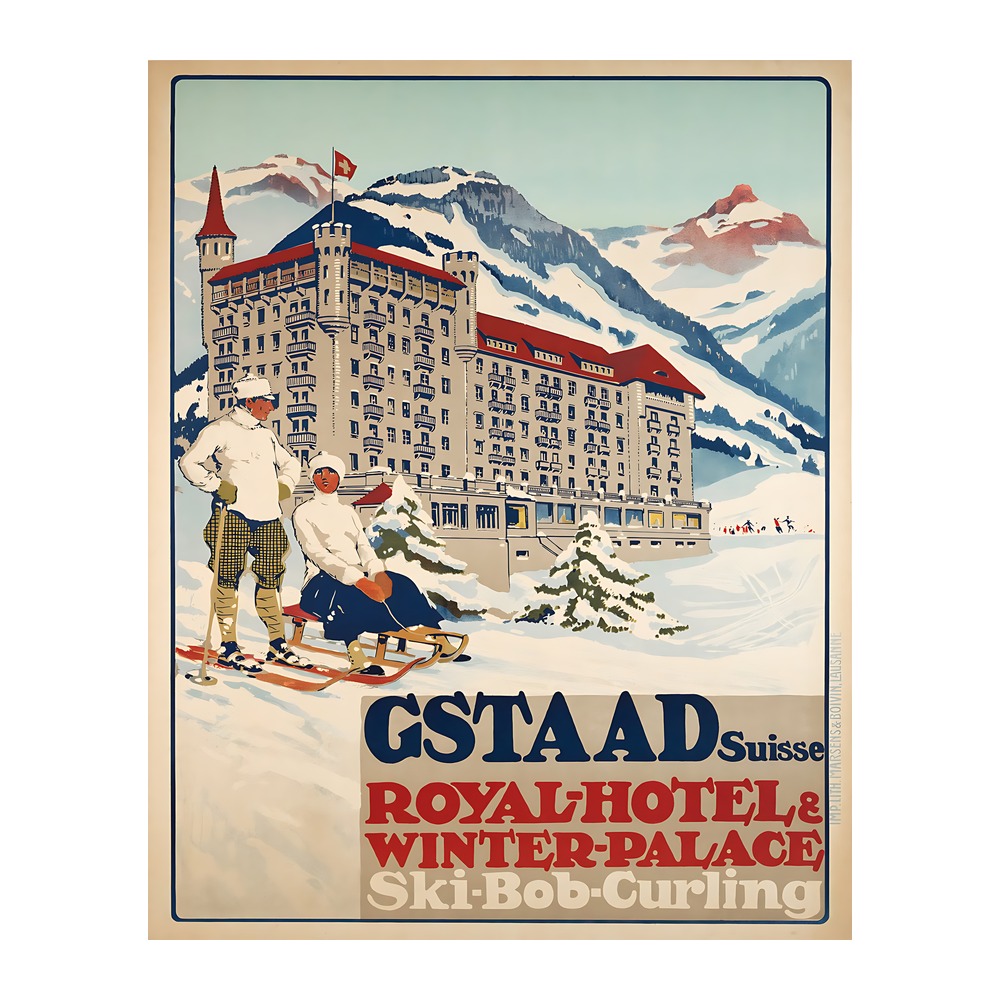 Gstaad Royal Hotel and Winter Palace poster by Carlo Pellegrini - new reproduction fine art print mock 3