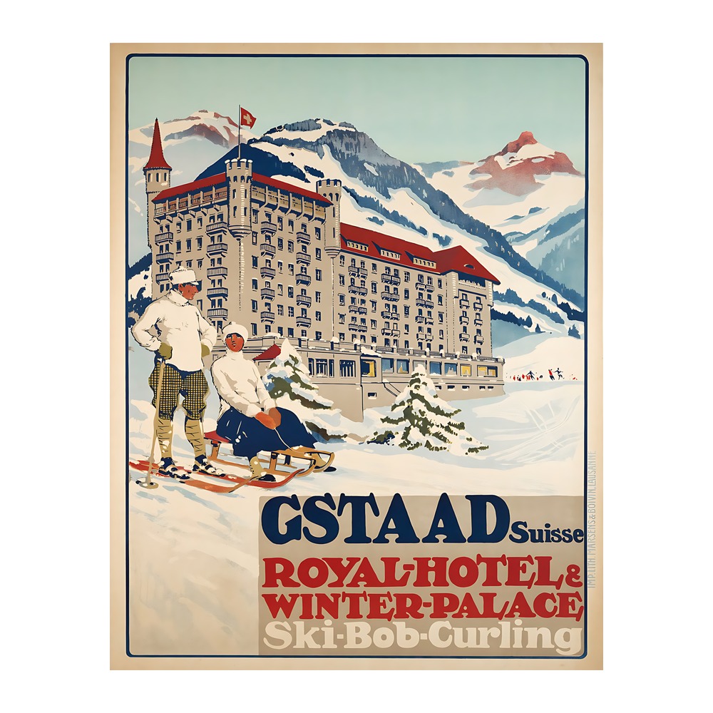 Gstaad Royal Hotel and Winter Palace poster by Carlo Pellegrini - new reproduction fine art print mock 5
