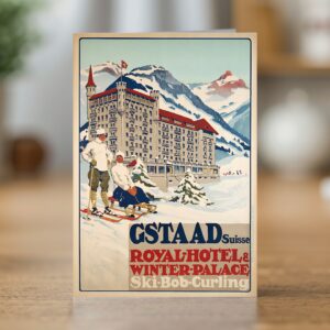 Greetings card reproducing Carlo Pellegrini's Gstaad Royal Hotel and Winter Palace poster - new reproduction