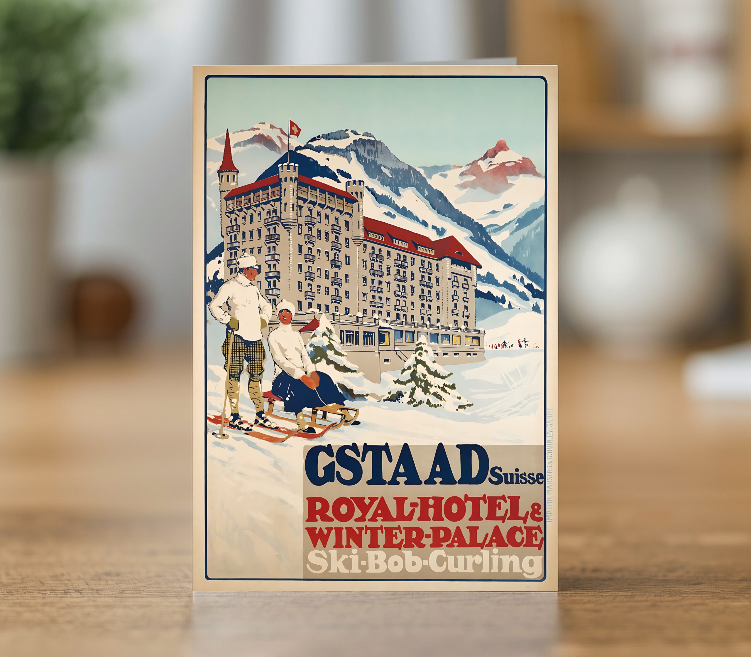 Greetings card reproducing Carlo Pellegrini's Gstaad Royal Hotel and Winter Palace poster - new reproduction