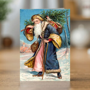 Greetings card reproducing a Christmas Santa with tree and sack design - new reproduction