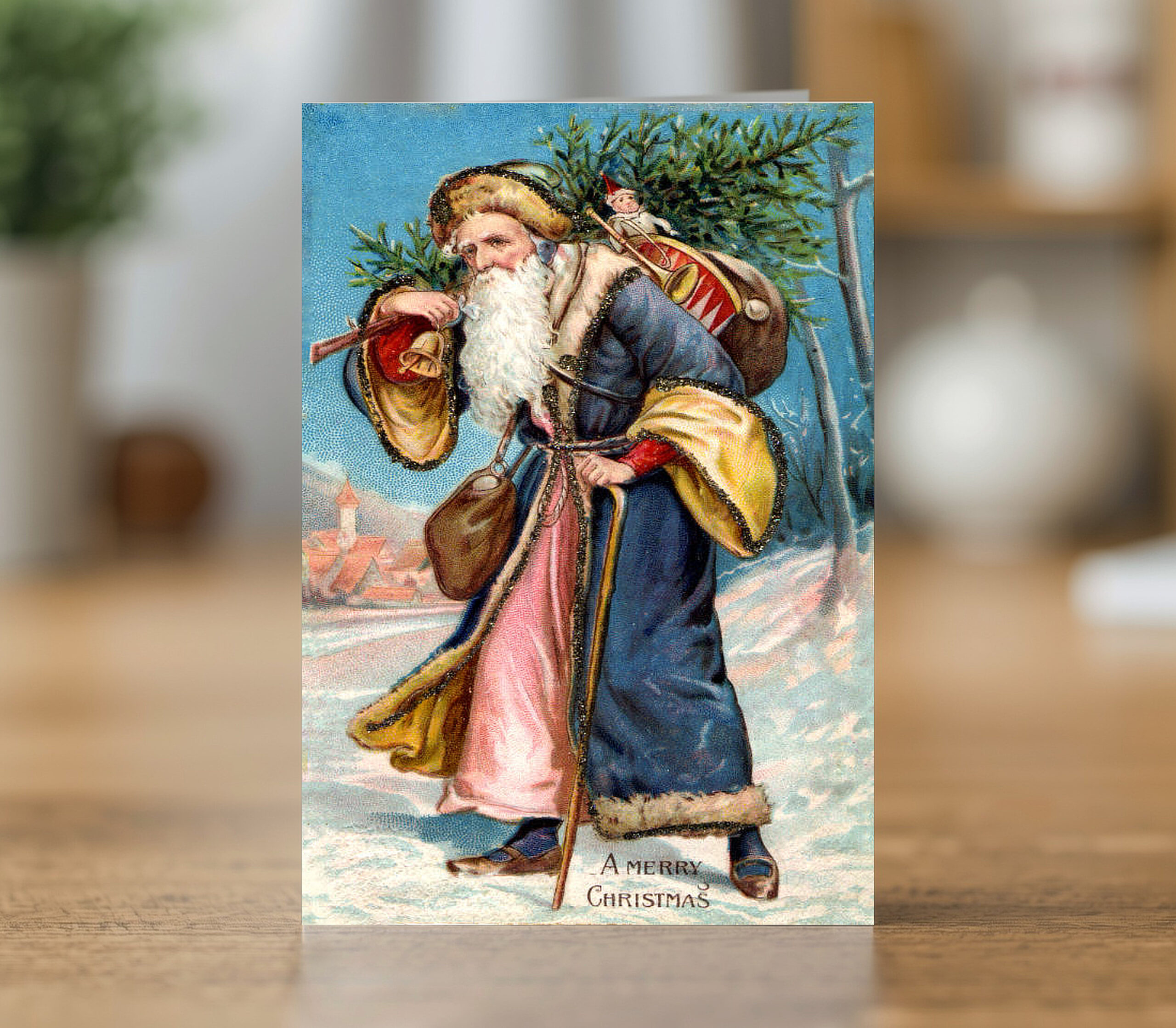 Greetings card reproducing a Christmas Santa with tree and sack design - new reproduction