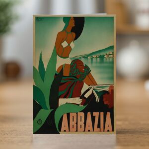 Abbazia greetings card reproducing Filippo Romoli's 1938 Enit travel poster of Abbazia