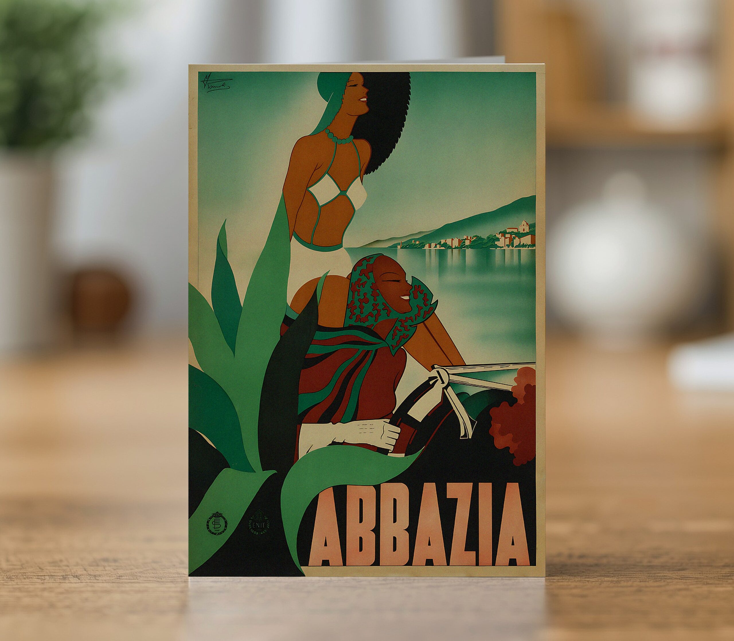 Abbazia greetings card reproducing Filippo Romoli's 1938 Enit travel poster of Abbazia