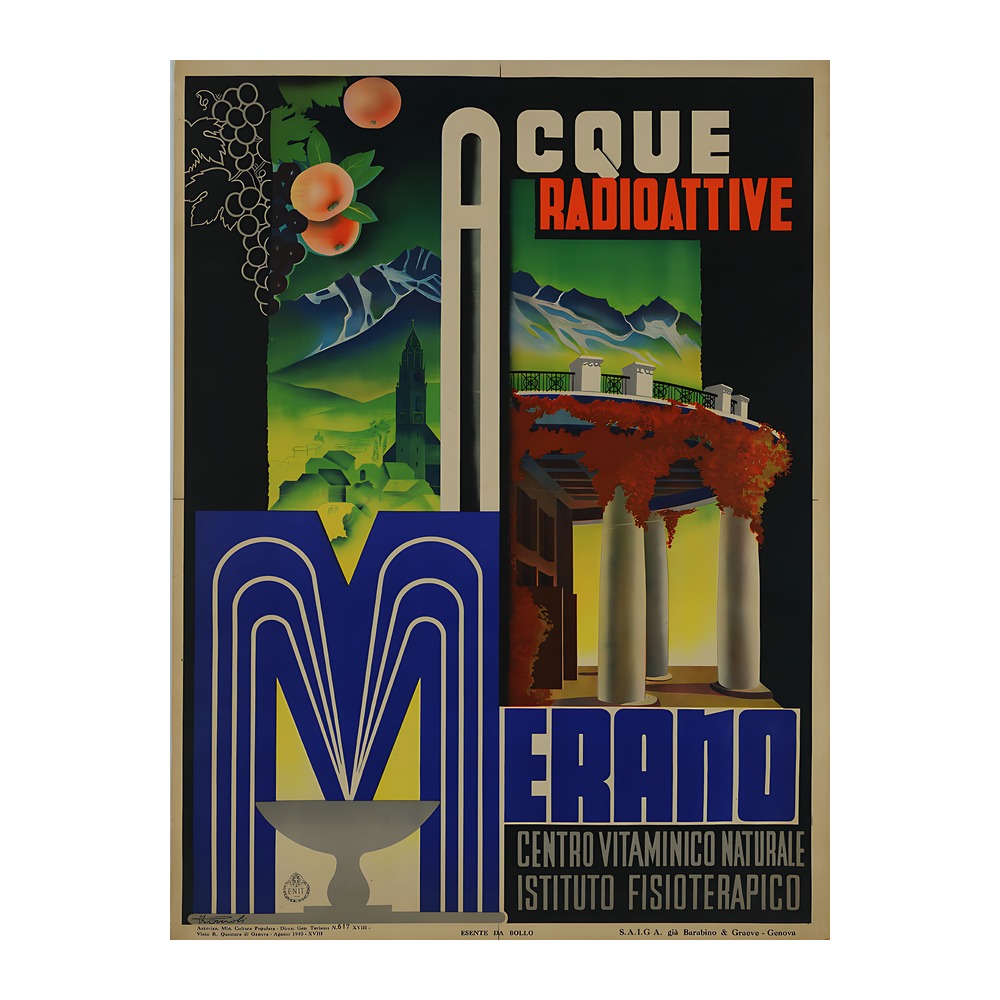 Enit travel poster for Merano radioactive water by Filippo Romoli (1940) - new reproduction fine art print mock 2