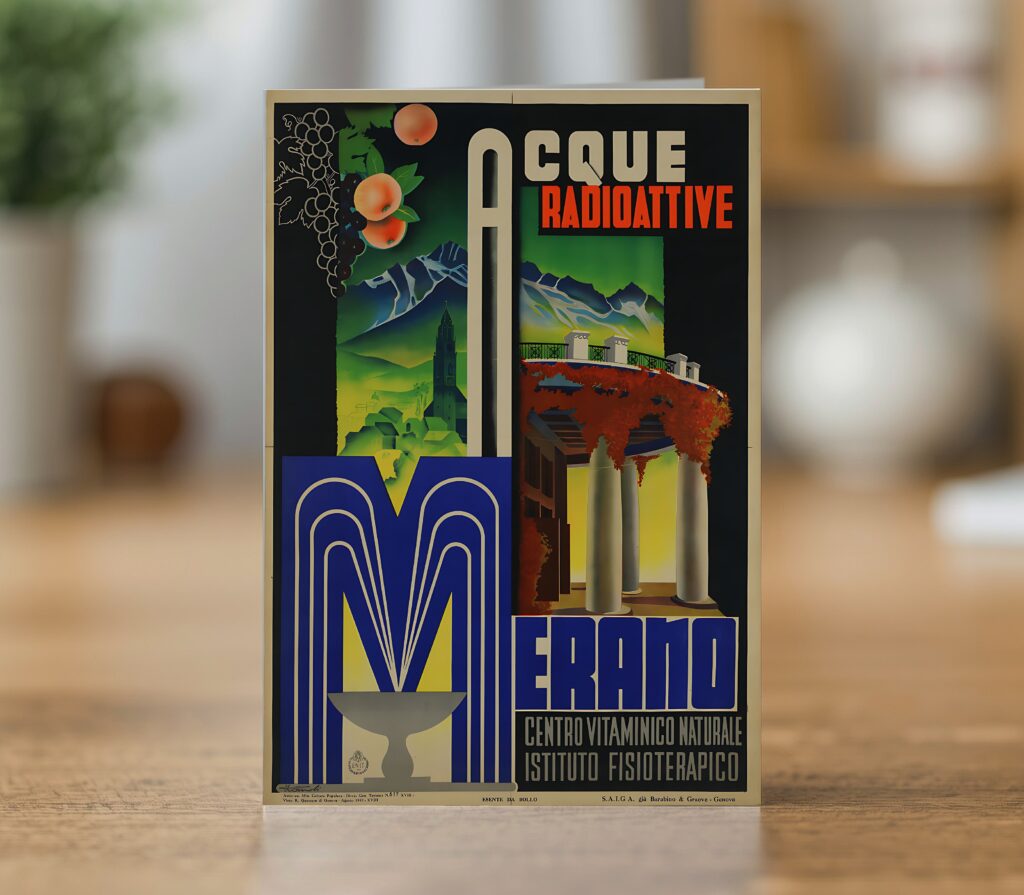 Greetings card reproducing Filippo Romoli's 1940 Enit Merano radioactive water poster - new reproduction