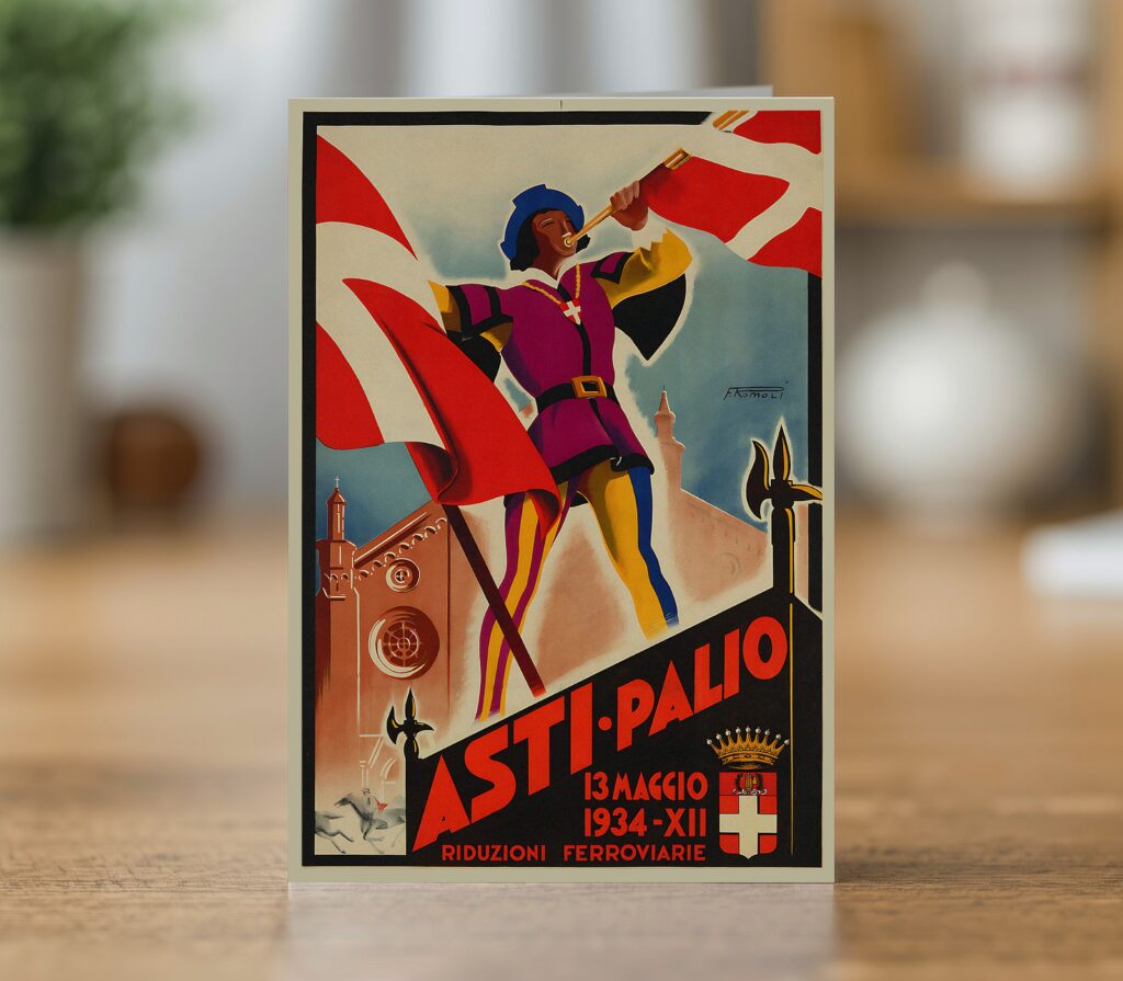 Asti Palio greetings card reproducing Filippo Romoli's 1934 Italian travel poster of the Asti Palio