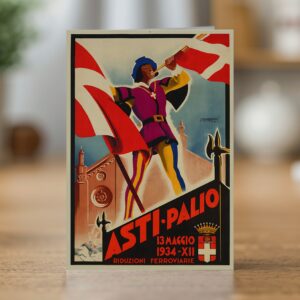Asti Palio greetings card reproducing Filippo Romoli's 1934 Italian travel poster of the Asti Palio