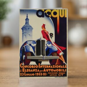 Acqui greetings card reproducing Filippo Romoli's 1933 Italian travel poster of Acqui