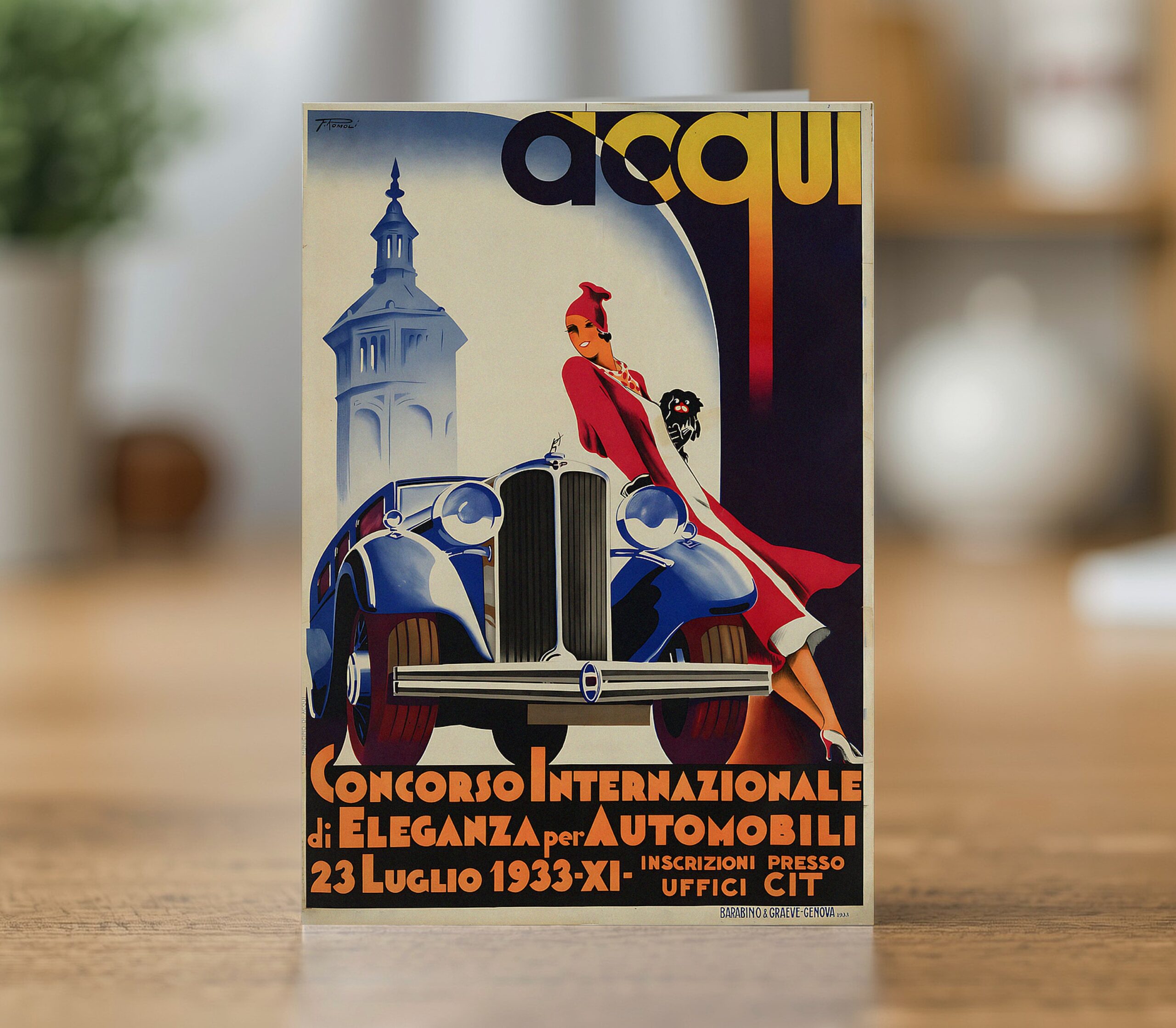 Acqui greetings card reproducing Filippo Romoli's 1933 Italian travel poster of Acqui
