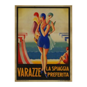 Travel poster of Varazze, La Spiaggia Preferita, by Filippo Romoli (1929) - new reproduction fine art print mock
