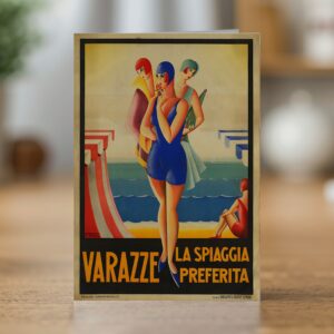 Varazze greetings card reproducing Filippo Romoli's 1929 travel poster of Varazze, La Spiaggia Preferita