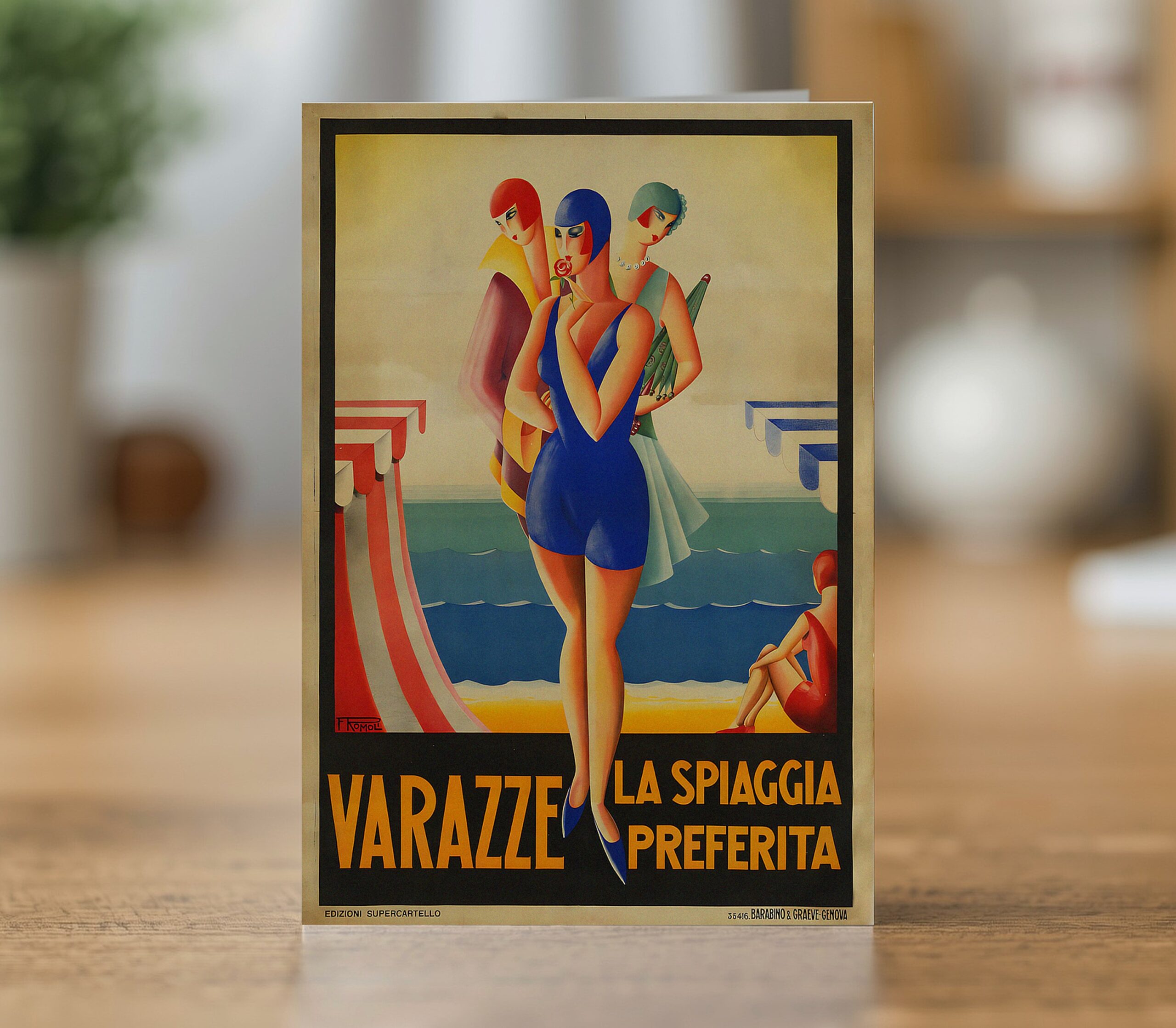 Varazze greetings card reproducing Filippo Romoli's 1929 travel poster of Varazze, La Spiaggia Preferita