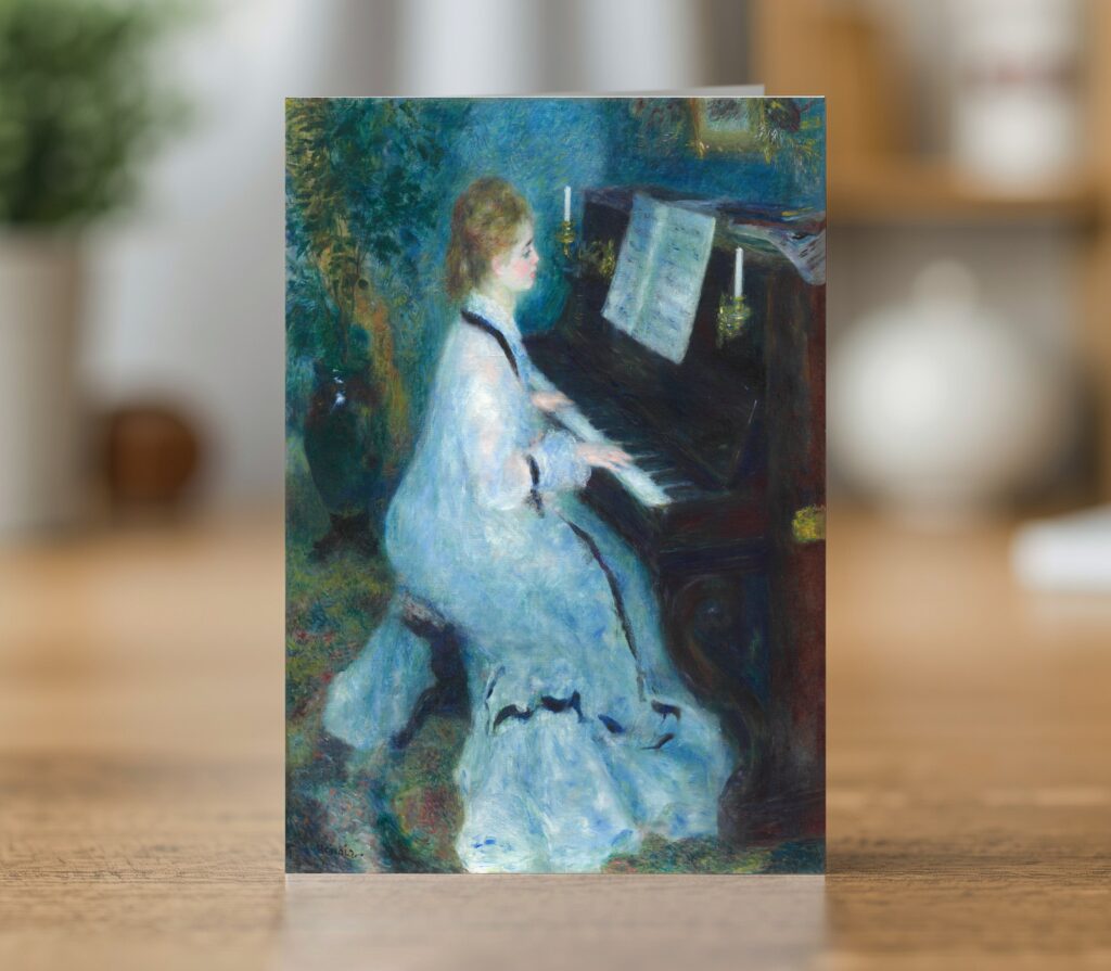 Woman at the Piano greetings card reproducing Pierre-Auguste Renoir's 1875-6 painting Woman at the Piano