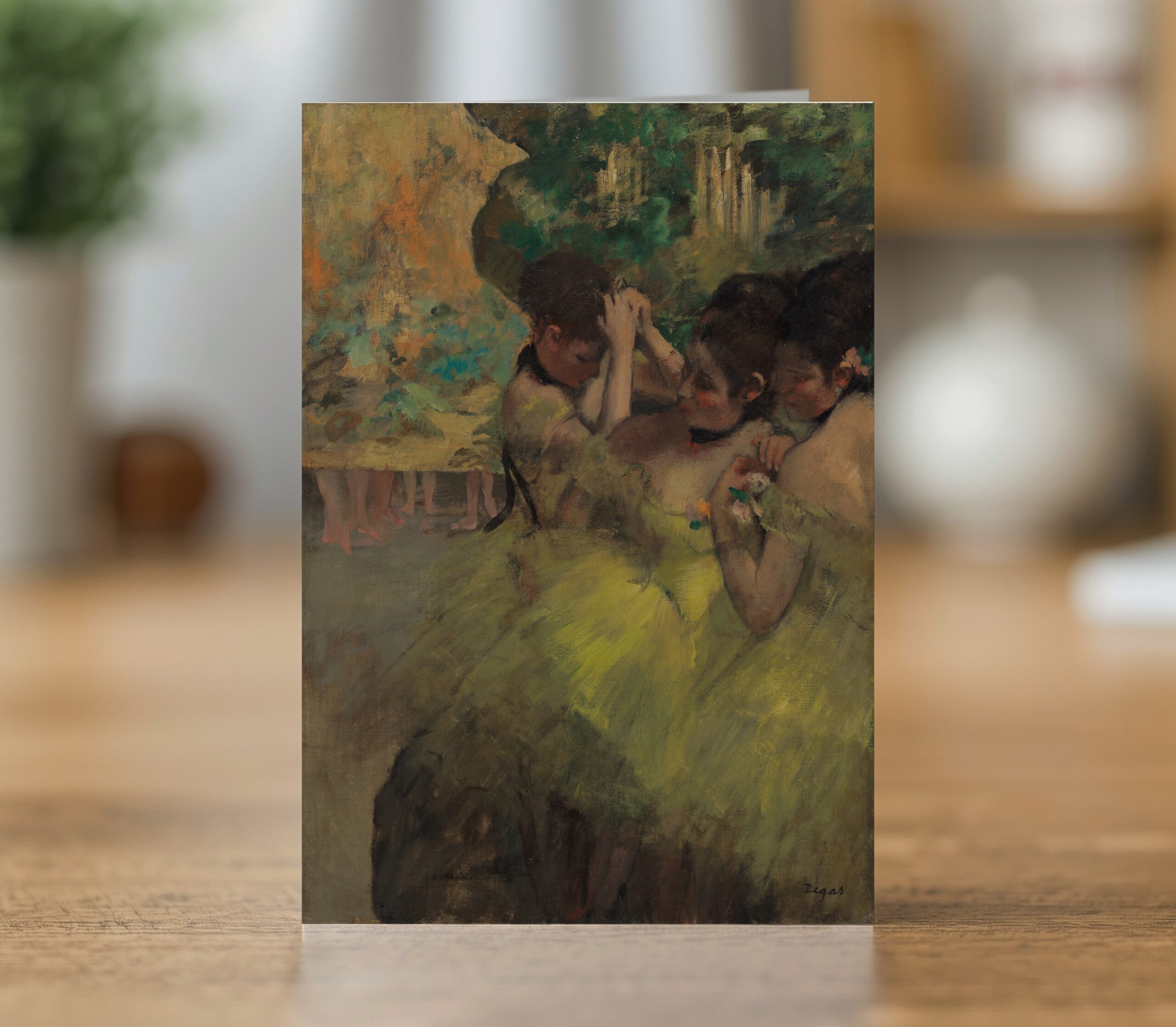 Yellow Dancers greetings card reproducing Edgar Degas' 1874-6 ballet study Yellow Dancers (In the Wings)